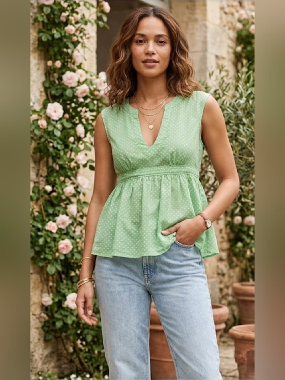 J. Crew Green Sleeveless V-Neck Peplum Top